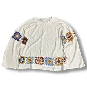 Loveriche Crochet Granny Square Trim Cream Sweater Boho Cottagecore Size M